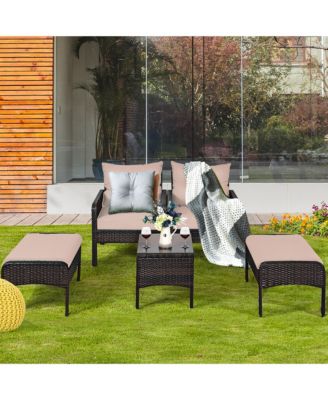 5 PCS Rattan Wicker Furniture Set Sofa Ottoman W/Brown Cushion Patio Garden Yard