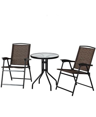 3PC Bistro Patio Garden Furniture Set 2 Folding Chairs Glass Table Top Steel