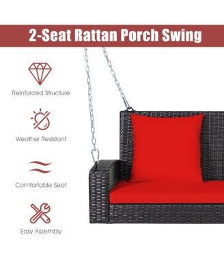 2-Person Patio Rattan Hanging Porch Swing Bench Chair Cushion