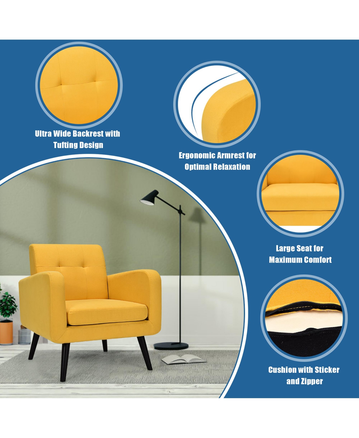 Costway Mid Century Accent Chair Fabric Arm Chair Single Sofa