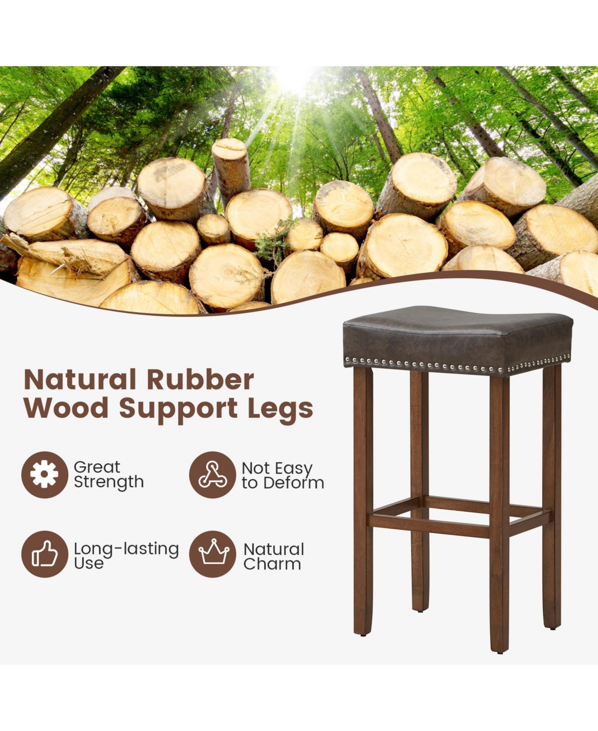 Costway Wood Frame Pu Leather Upholstered Bar Stools Set of 2 with Footrests