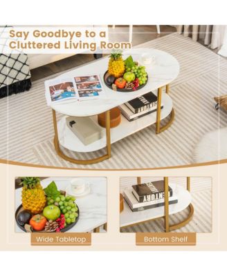 White Marble Coffee Table Modern 2-Tier Center Table with Open Storage Shelf