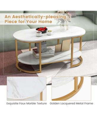 White Marble Coffee Table Modern 2-Tier Center Table with Open Storage Shelf