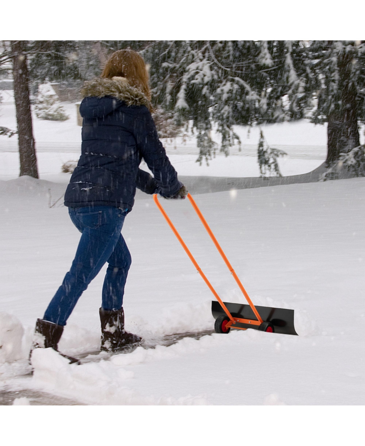 Costway Snow Shovel Heavy-Duty Metal Adjustable Height Wheeled Snow Removal Pusher