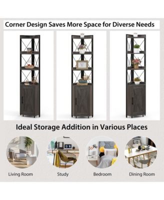 19" Metal, MDF, Engineered Wood 6-Tier Corner Bookshelf with 5-Level Adjustable Shelf & Anti-Tipping Kits