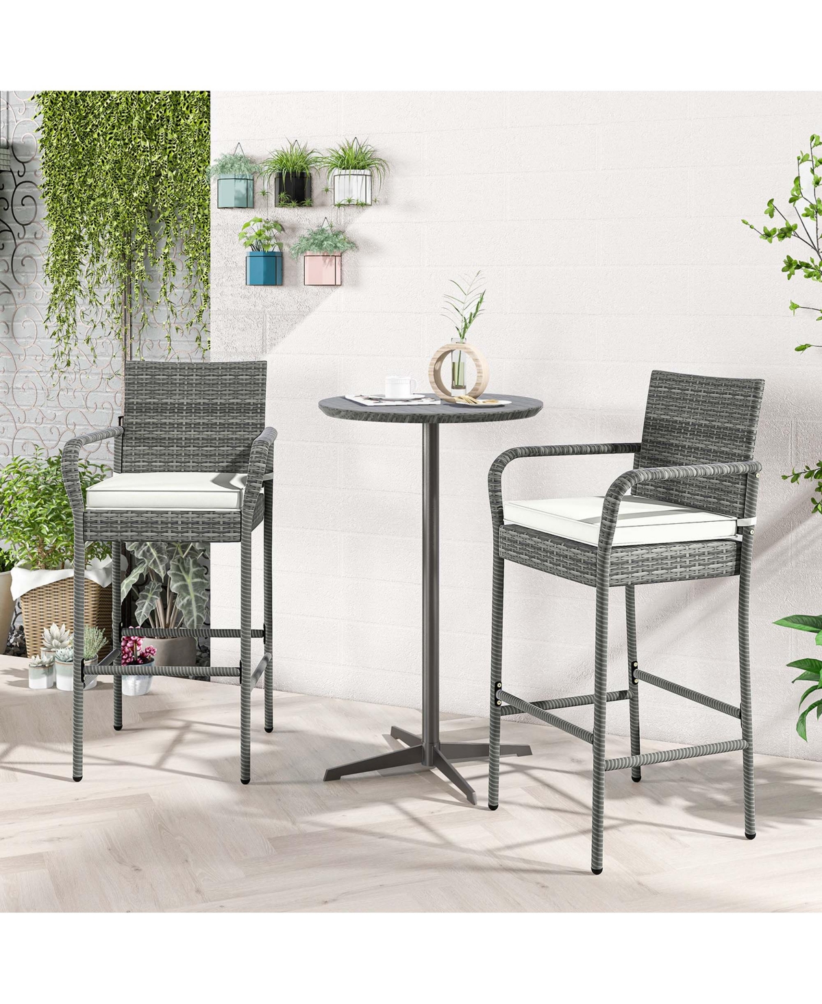 Costway 4PCS Patio Pe Wicker Bar Chairs Counter Height Barstools With Armrests &Cushions