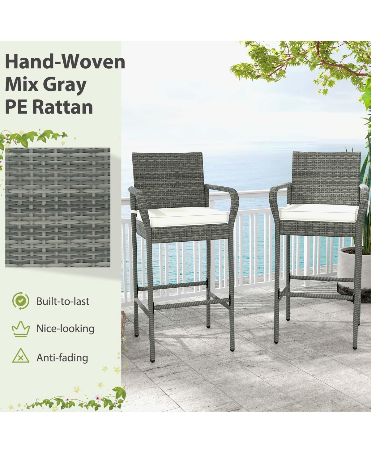 Costway 4PCS Patio Pe Wicker Bar Chairs Counter Height Barstools With Armrests &Cushions