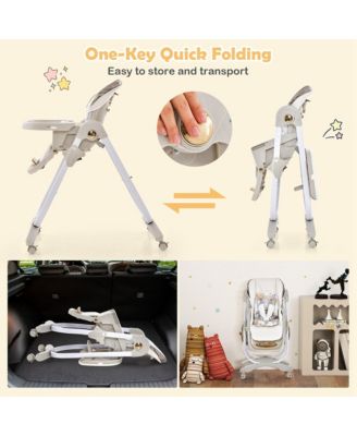 Toddler High Chair with Wheel Folding Dining Chair Adjustable Height & Recline