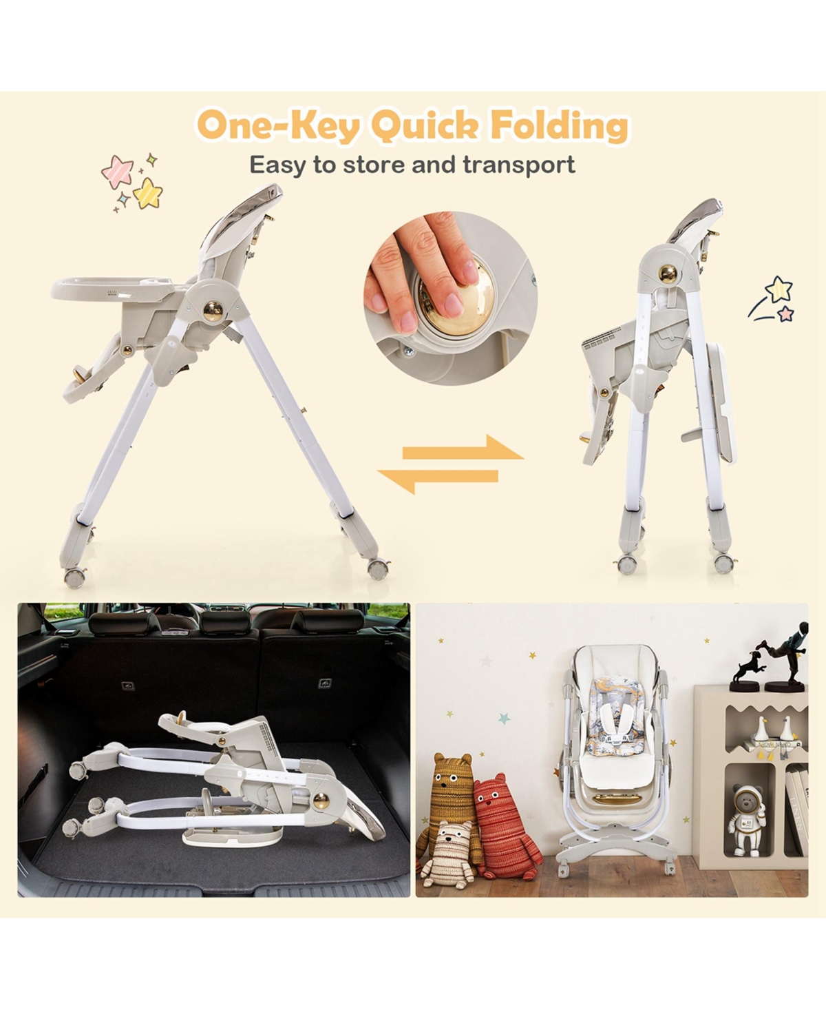 Costway Toddler High Chair with Wheel Folding Dining Adjustable Height & Recline