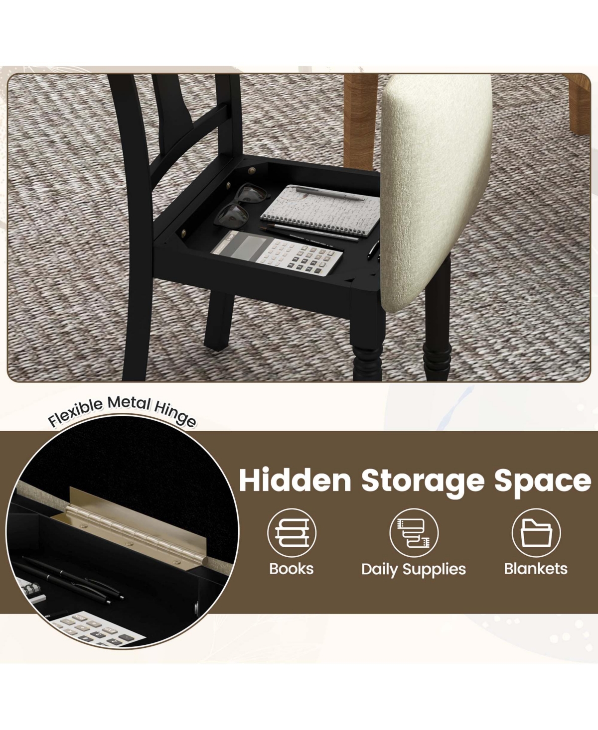2 Pcs Wood Chair Antique Upholstered with Storage Space