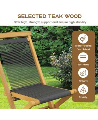 2 PCS Patio Folding Chairs with Woven Rope Seat & Back Solid Teak Wood for Porch
