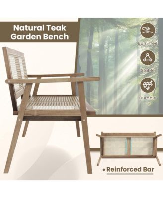 Teak Wood Garden Bench 2-Person Bench with Armrests, Rattan Backrest & Seat