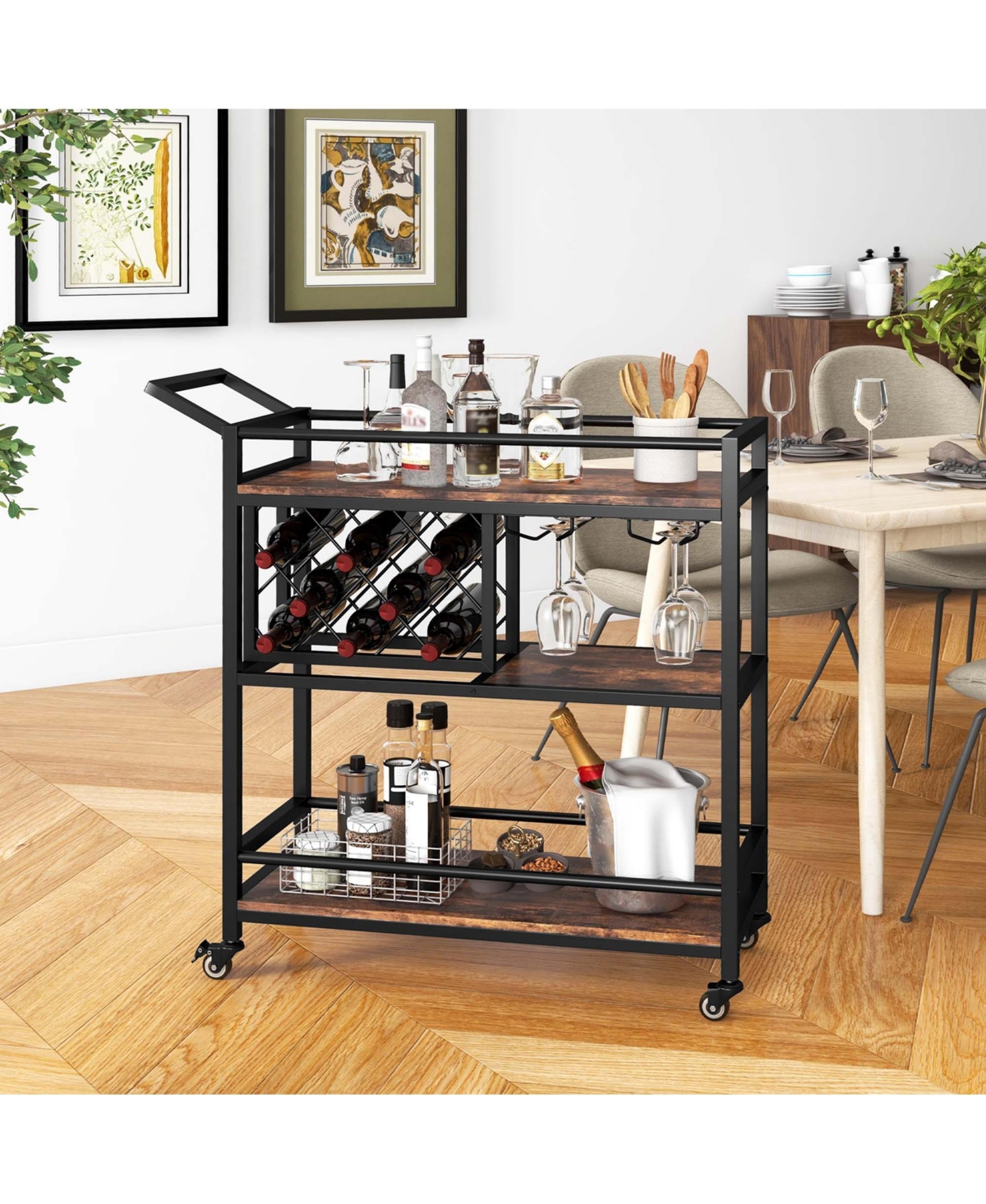 3-tier Bar Cart on Wheels Home Kitchen Serving with Wine Rack & Glass Holder