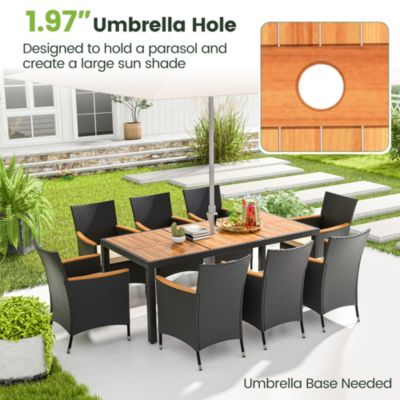 9 PCS Outdoor Dining Set with Acacia Wood Tabletop, Umbrella Hole, Seat Cushions