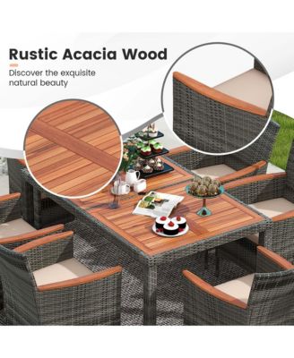 7 Pieces Outdoor Wicker Dining Set with Acacia Wood Table and 6 Armchairs