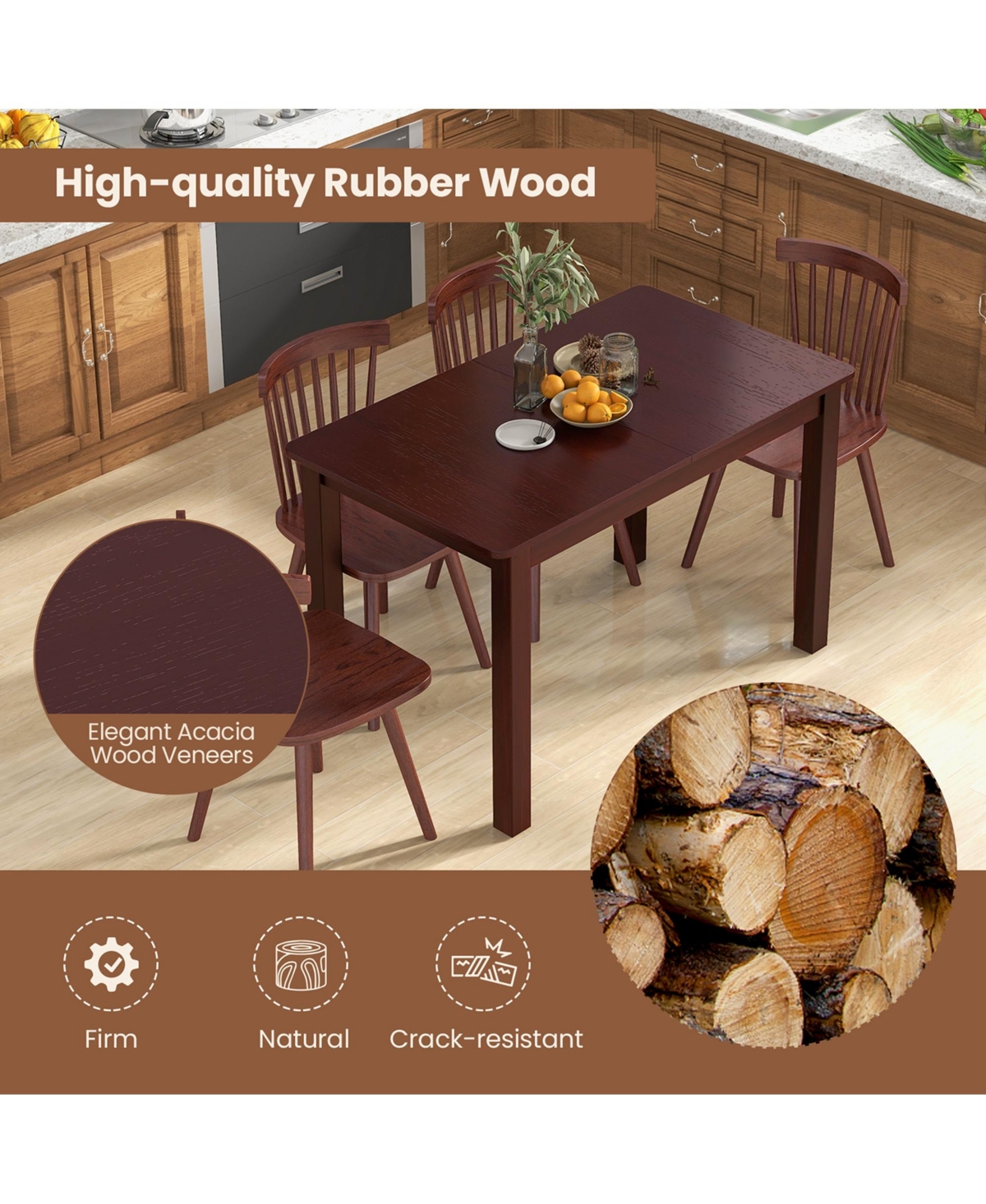 Costway Extendable Dining Table Folding Rubber Wood Table for 4 People with Safety Locks