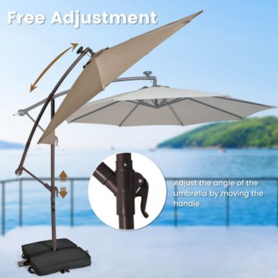 Patio 10FT Hanging Offset Umbrella 32 LED Lights Sand Bag Outdoor Cross Base