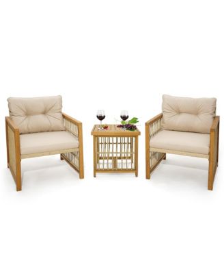 3PCS Patio PE Wicker Conversation Set Acacia Wood Frame