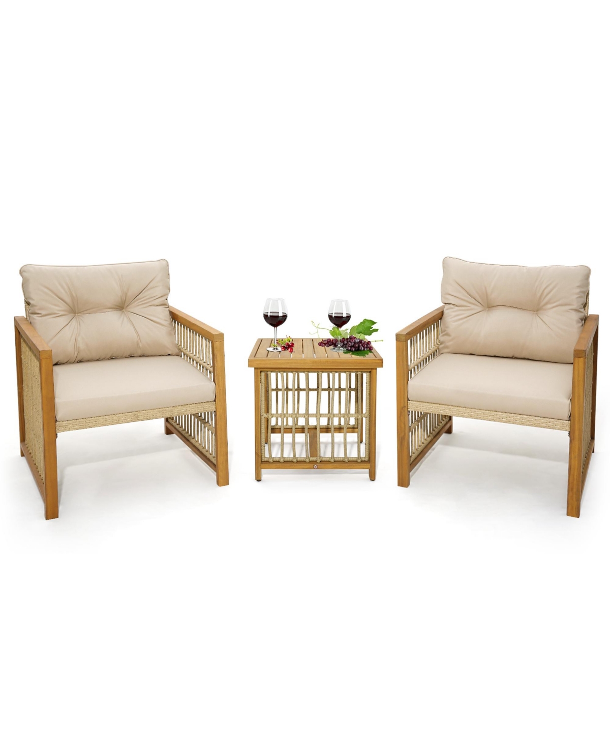 Costway 3PCS Patio Pe Wicker Conversation Set Acacia Wood Frame