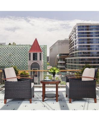 3PCS Patio Wicker Sofa Set Acacia Wood Frame