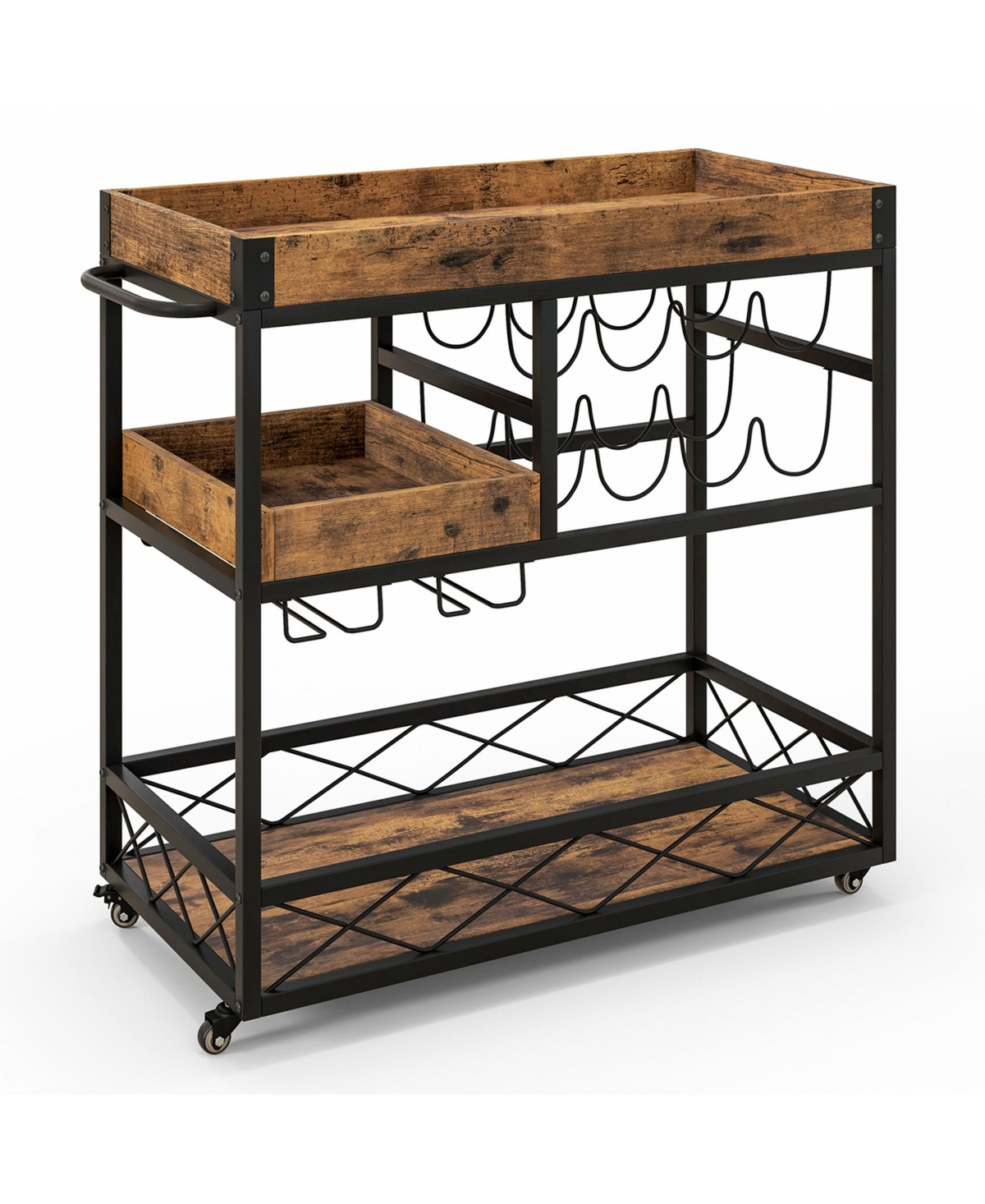 Costway 3-Tier Mobile Bar Serving Cart Liquor Storage Trolley with Removable Tray Wine Rack