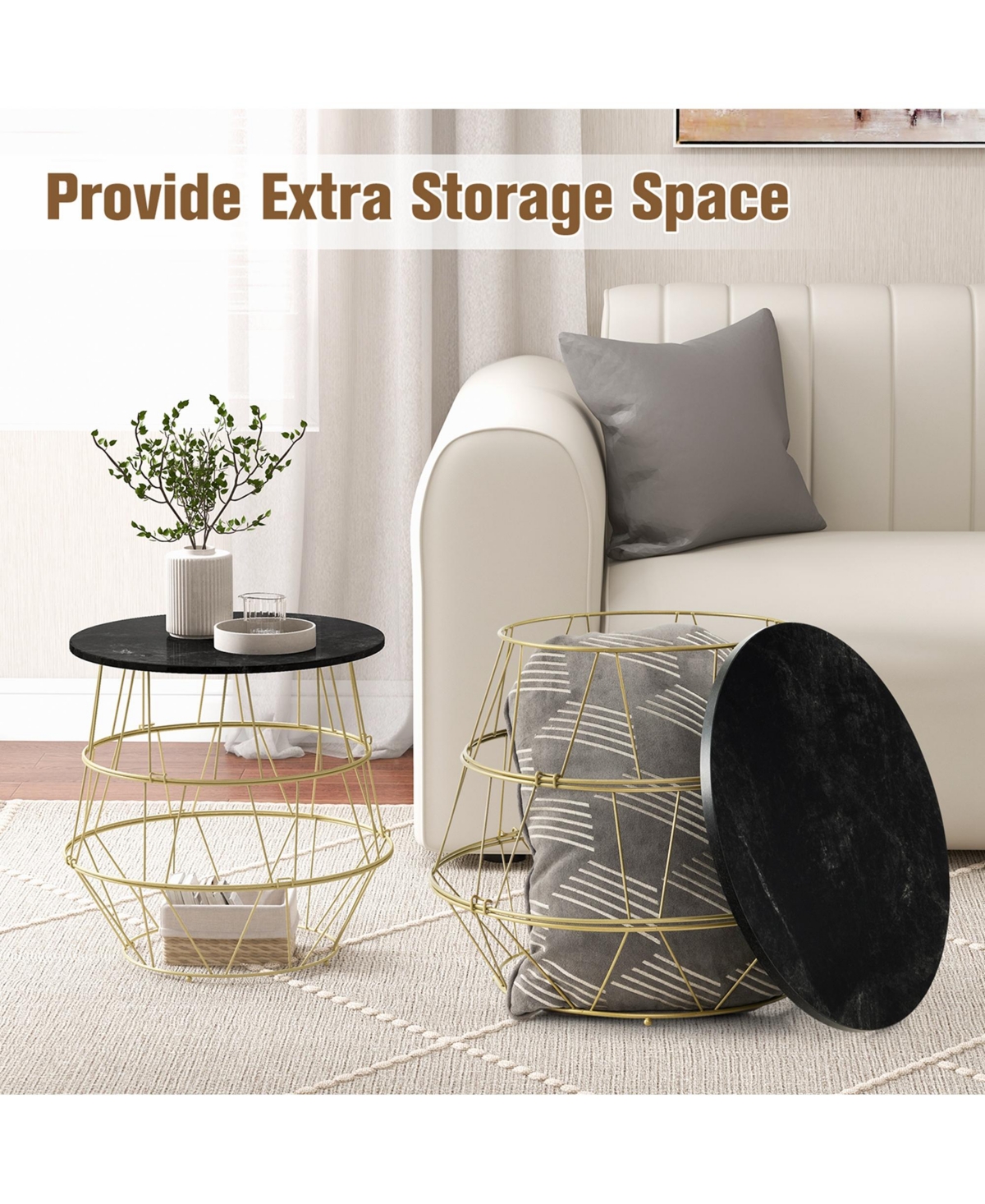 Costway Round Side End Coffee Sofa Table Nightstand with Storage Space Removable Top