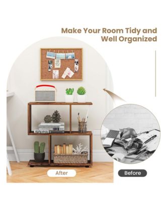 2-Tier Bookshelf Free Standing Wooden Display S-Shaped Shelf Storage Rack