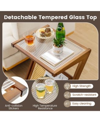 Rattan Side Table Bamboo Accent Bedside Table with Tempered Glass Top