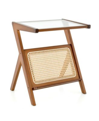 Rattan Side Table Bamboo Accent Bedside Table with Tempered Glass Top
