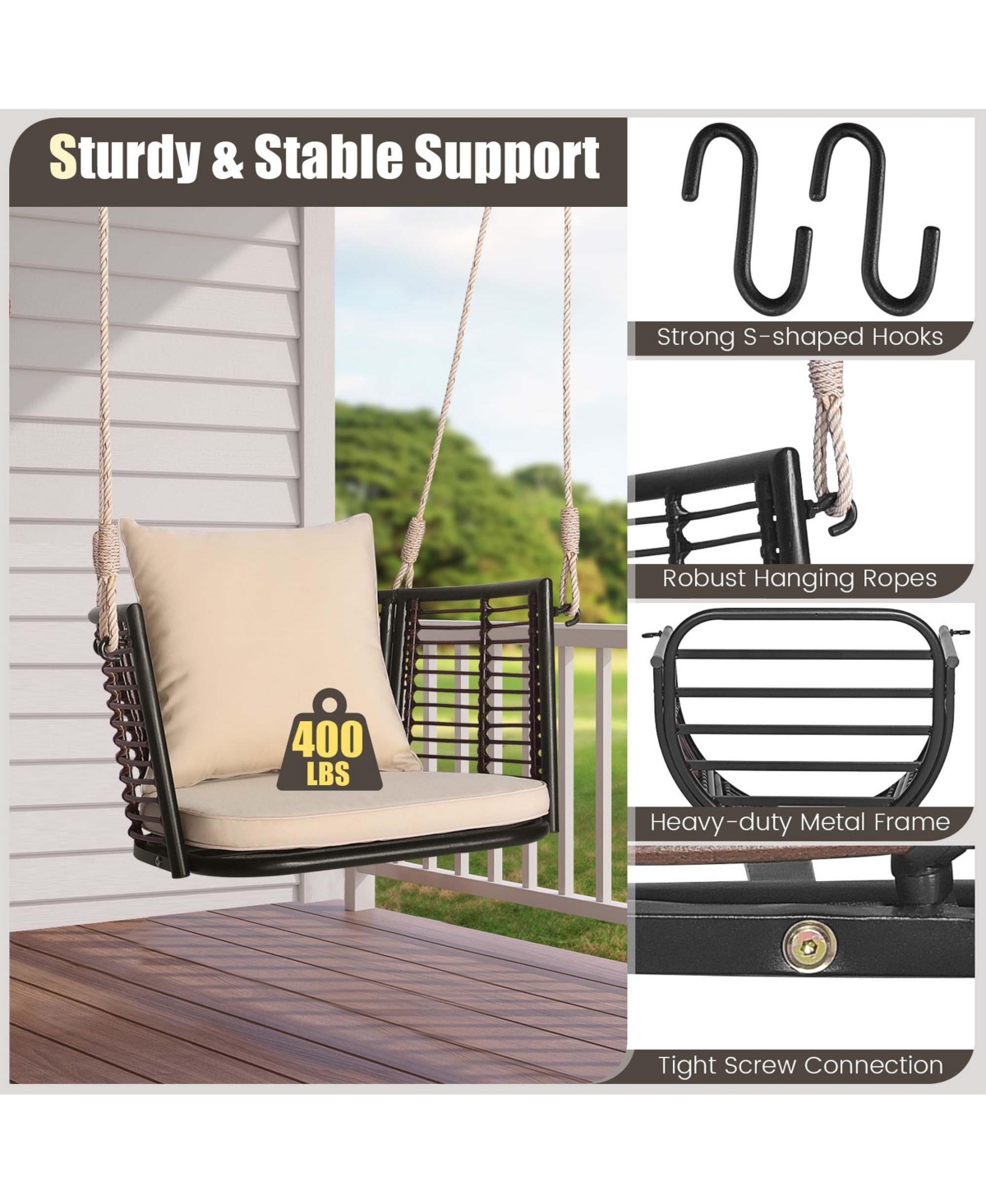 Costway Patio Hanging Rattan Basket Chair Swing Hammock Chair with Seat Cushion -khaki