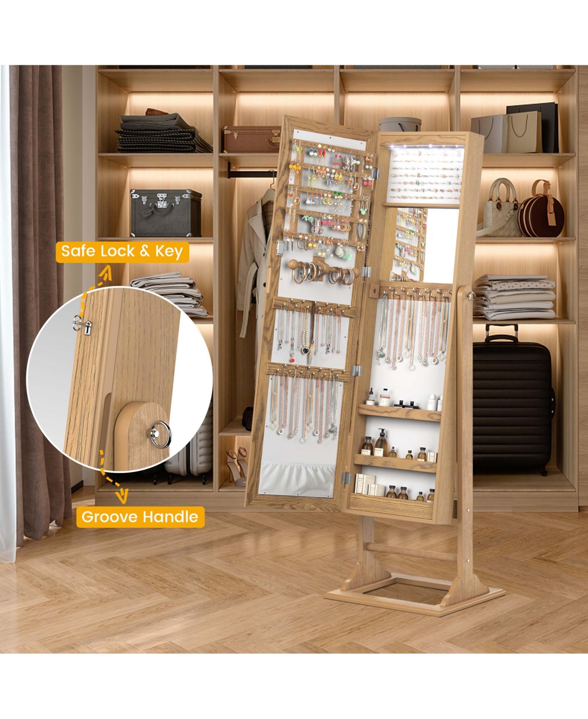 Jewelry Cabinet Full-Length Mirror Lockable Jewelry Armoire with 6 Lights