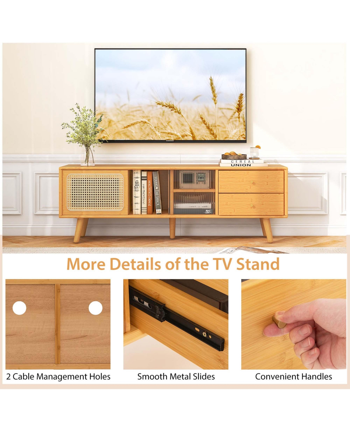 Costway Bamboo Tv Stand Console Table with Pe Rattan Door & 2 Drawers for Tv up to
