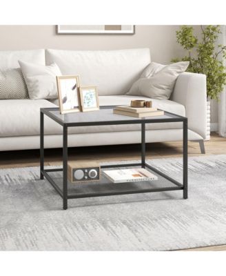 Glass Coffee Table 27.5 Inch 2-Tier Square with Mesh Shelf Living Room
