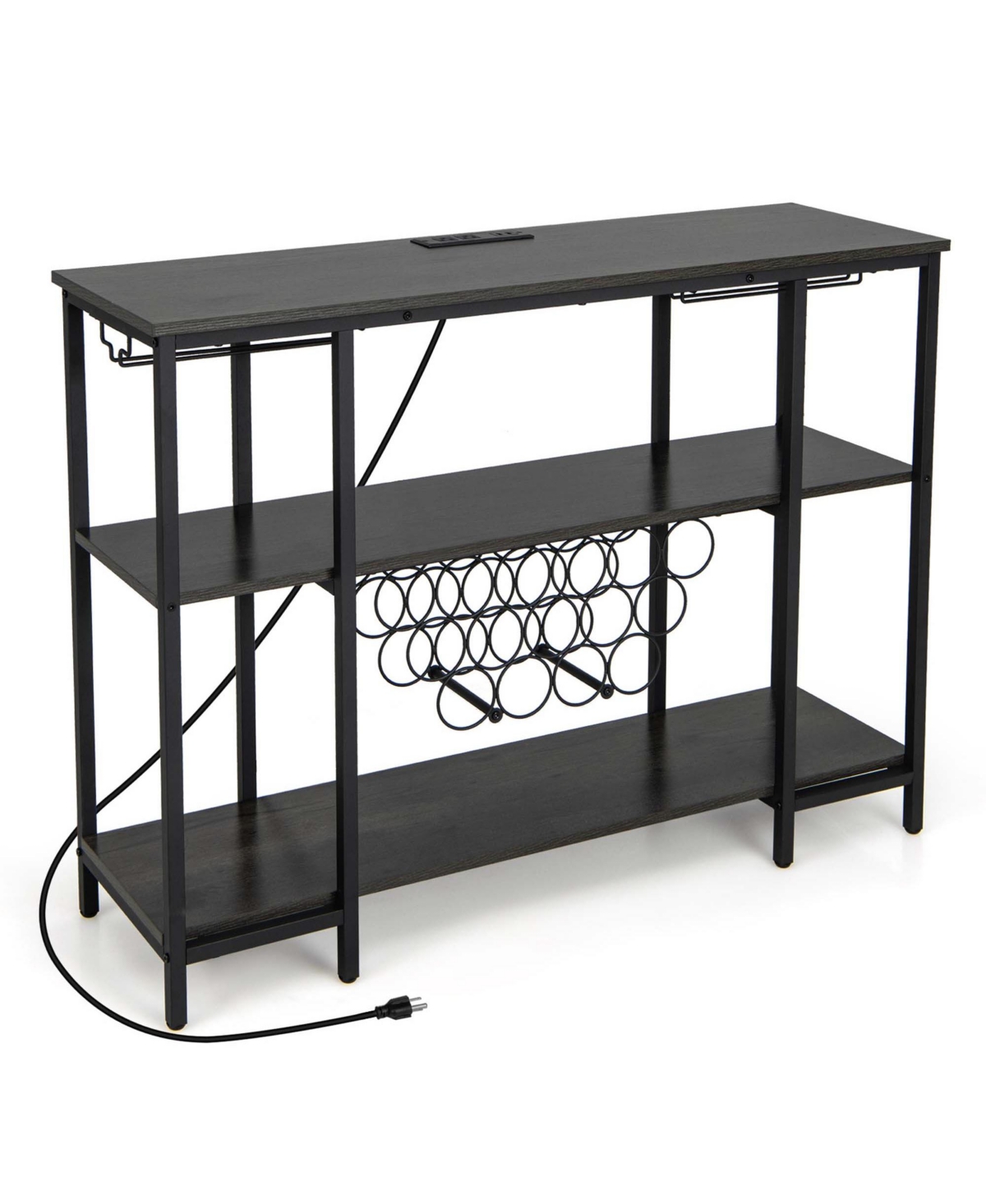 Costway Cabinet Bar Table Rack Table for Drinks Glasses with Power Outlets