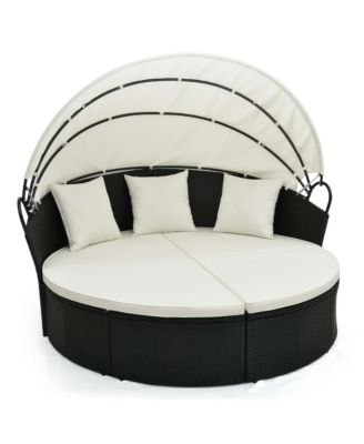 Patio Round Daybed with Retractable Canopy Rattan Sectional Seating