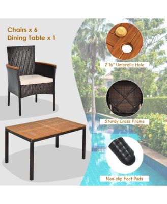 7PCS Rattan Outdoor Dining Set Patio Furniture Set w/ Cushions Umbrella Hole