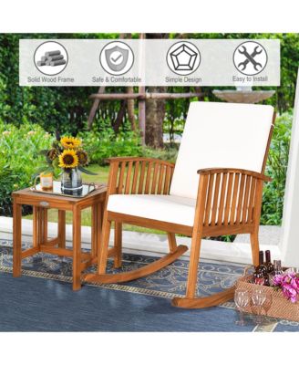 2PCS Acacia Wood Patio Rocking Chair Set Cushioned Coffee Table