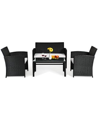 4PCS Outdoor Patio Rattan Furniture Conversation Set Cushioned Sofa Coffee Table