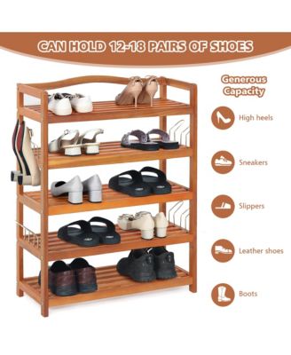 5-Tier Wood Shoe Rack Solid Acacia Wood Shoe Shelf with Side Metal Hooks