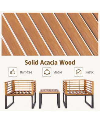 3PCS Acacia Wood Patio Bistro Set Outdoor Conversation Furniture Set w/ Navy Cushions