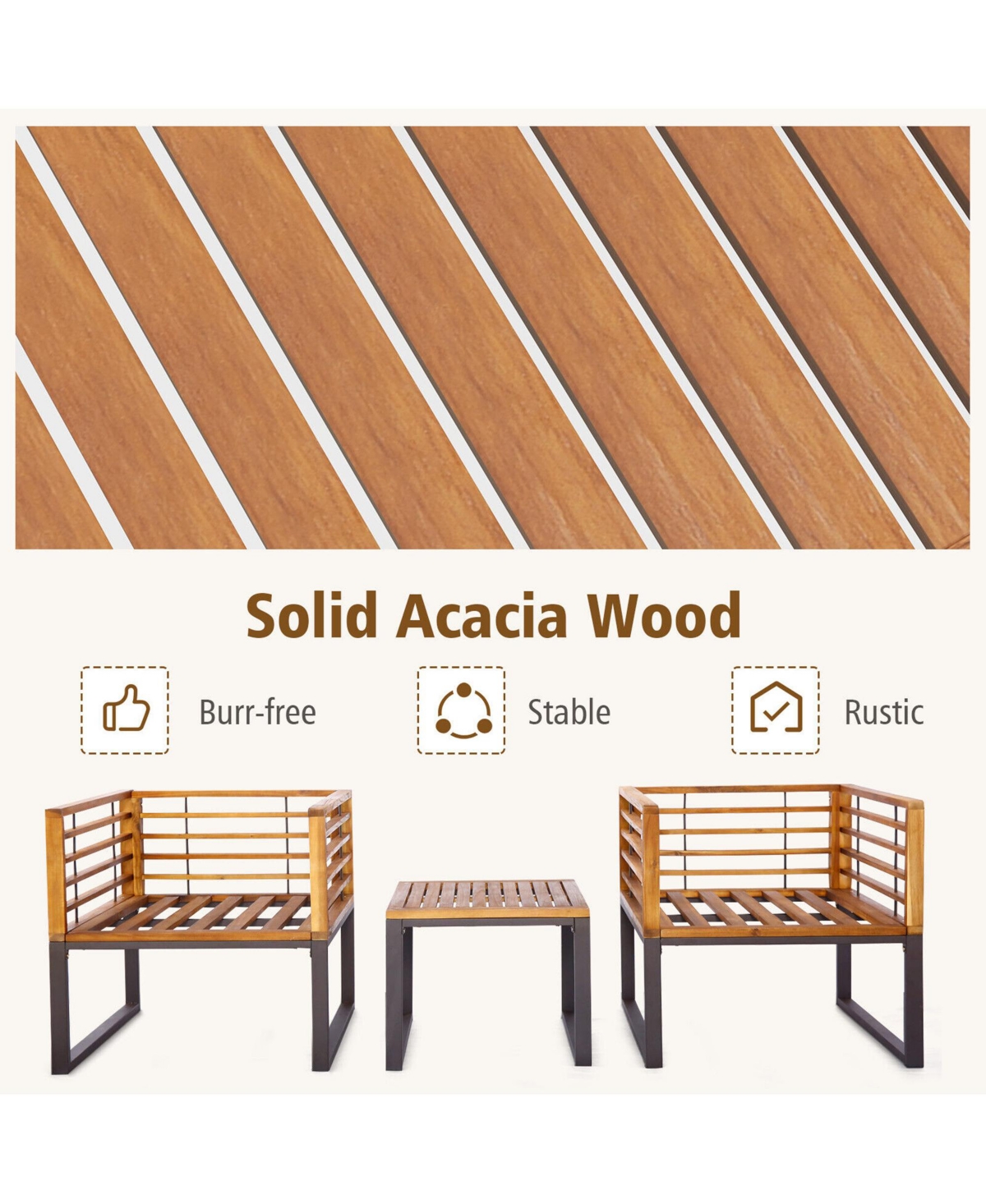 Gymax 3PCS Acacia Wood Patio Bistro Set Outdoor Conversation Furniture Set w/ Navy Cushions