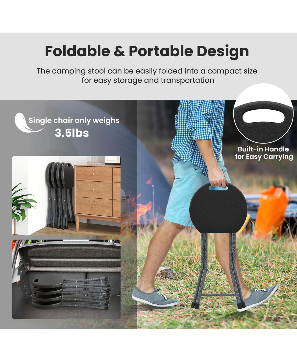 Gymax 18''H Folding Stool Portable & Foldable Camping Chair w/ Built-in Handle - Black+sliver