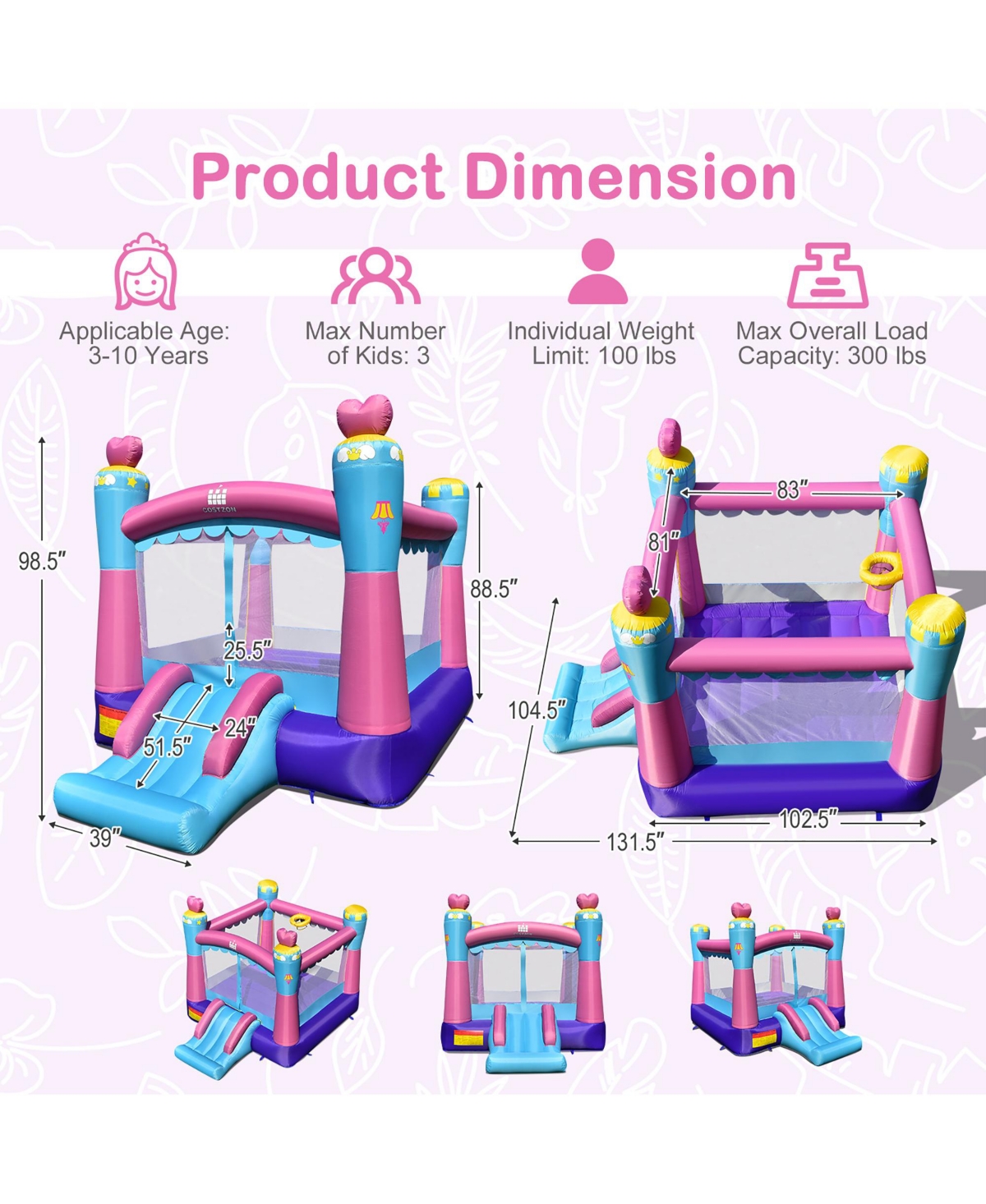 Costway Inflatable Bounce House 3-in-1 Princess Theme Inflatable Castle w/ 735W Blower