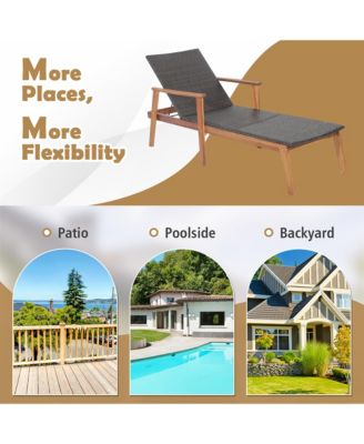Patio Rattan Chaise Lounge Chair Recliner Back Adjustable Acacia Wood Garden