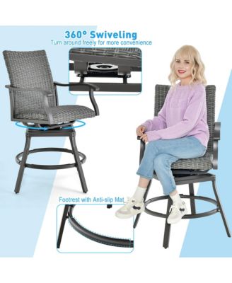 3PCS Patio Rattan Bar Table Stools Set Aluminum 360° Swivel Chairs with Padded Seat