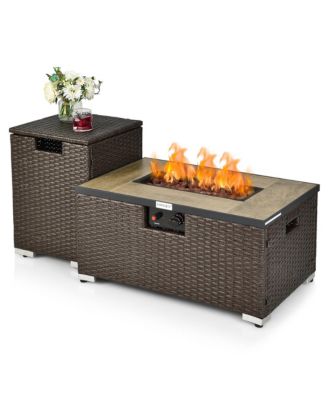 32"x 20" Propane Rattan Fire Pit Table Set with Side Table Tank and Cover 40,000 BTU