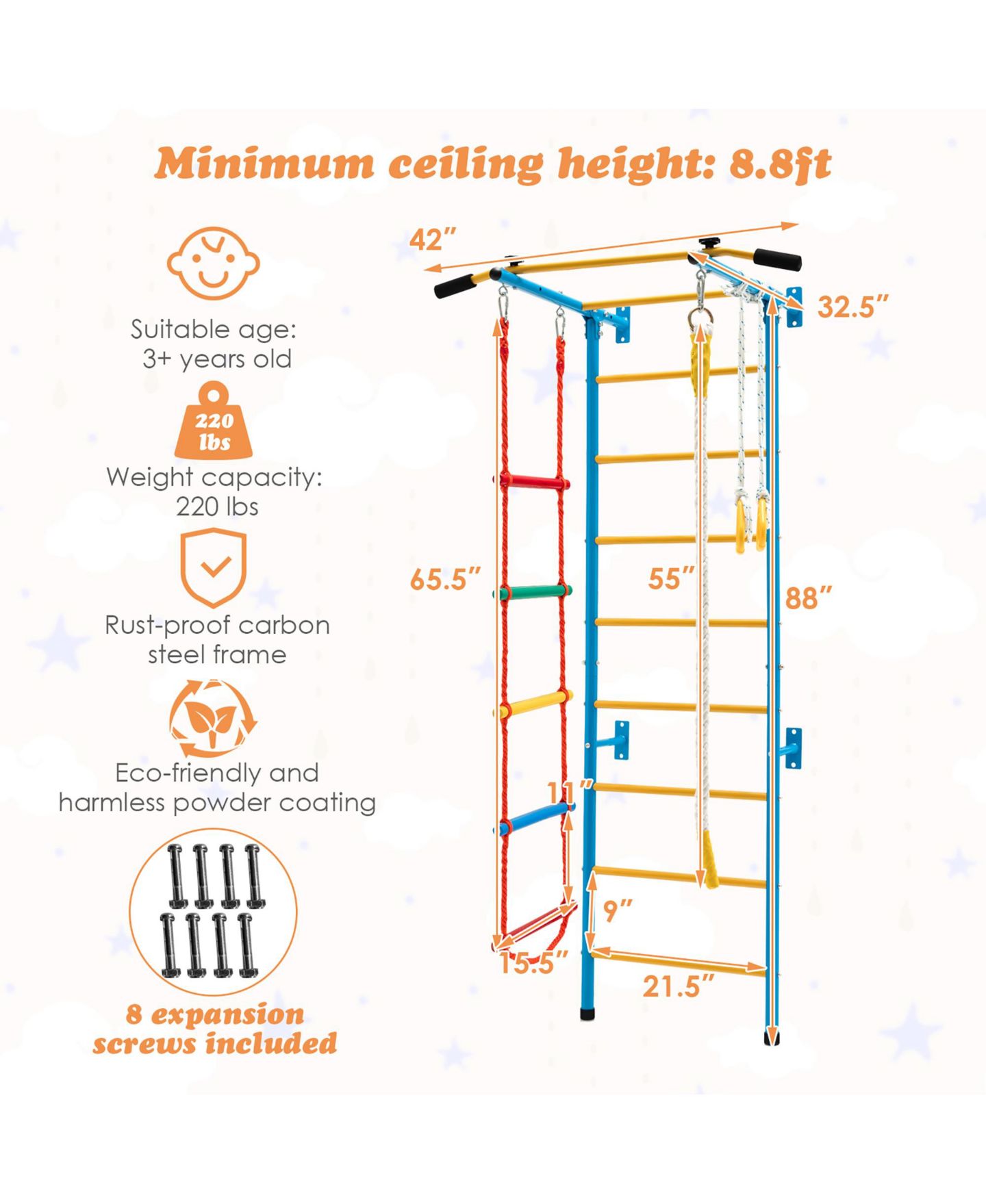 Детская игрушка Costway 5 in 1 Kids Indoor Gym Playground Swedish Wall Ladder Children Home, цвет: Синий — фото 3