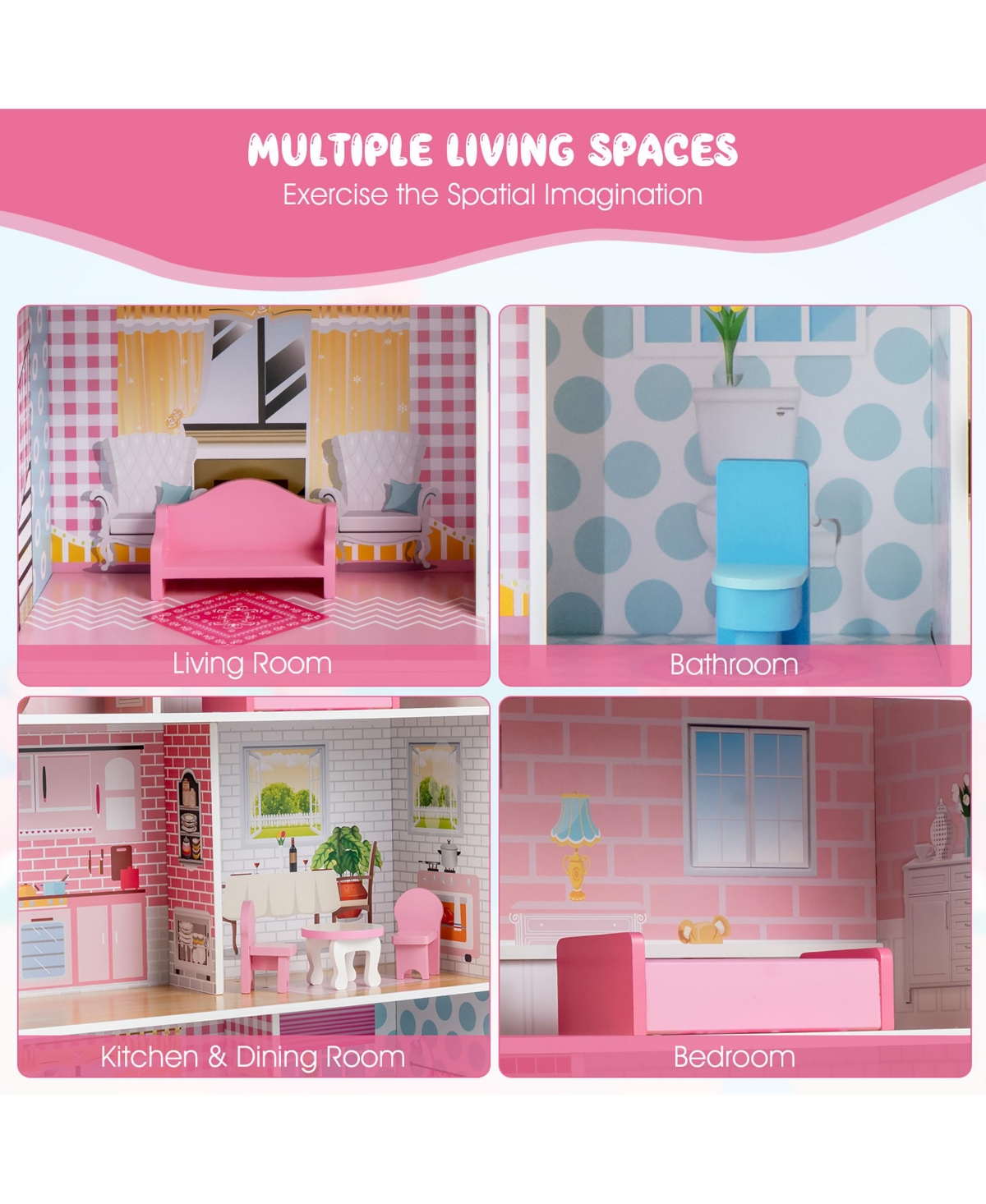 Costway 2-In-1 Double Sided Kids Kitchen Playset & Dollhouse W/ Accessories & Furniture