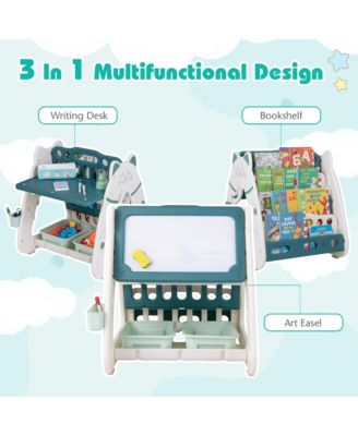 3-In-1 Kids Art Easel with Stool Magnetic Dry-Erase Board with Book Rack