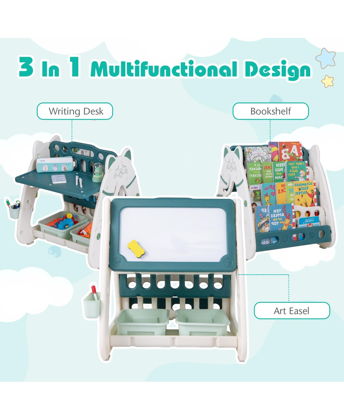 3-In-1 Kids Art Easel with Stool Magnetic Dry-Erase Board with Book Rack